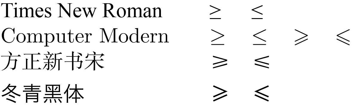 不等号在不同字体里面的字型